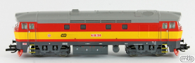 [Lokomotivy] → [Motorov] → [T478.1 „Bardotka”] → CD-751-184: dieselov lokomotiva erven se lutm vstranm pruhem, ed rm a pojezd