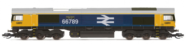 [Lokomotivy] → [Ostatn] → [Ostrovn] → TT3020TXSM: dieselov lokomotiva modr-lut, ed stecha, ern rm a pojezd „British Rail 1948-1997“