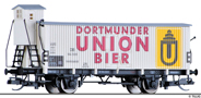 [Nkladn vozy] → [Kryt] → [2-os s nzkou stechou] → 17373: chladic vz bl s edou stechou „Dortmunder Union Bier“