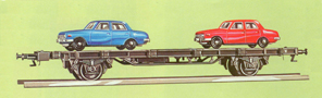 [Nkladn vozy] → [Nzkostnn] → [2-os Sm] → 14540: ploinov nkladn vz ern s nkladem dvou osobnch automobil Wartburg