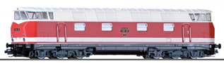 dieselová lokomotiva červená-slonová kost, černý rám a pojezd, typ V180