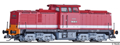 [Lokomotivy] → [Motorov] → [V 100] → 502198: dieselov lokomotiva erven s blm proukem a oranovm elnkem, ern rm