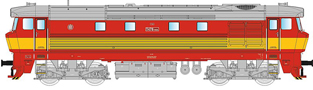 [Lokomotivy] → [Motorov] → [T478.1 „Bardotka”] → 33410B: dieselov lokomotiva erven s vstranm pruhem, ed stecha
