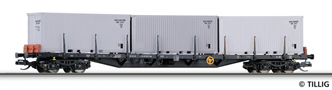 nákladní plošinový vůz černý se třemi bílými kontejnery, typ Rgs
