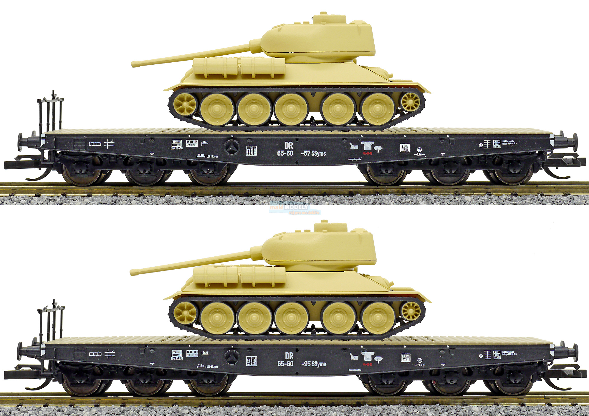 Set dvou plošinových vozů SSyms s nákladem tanků T34/85