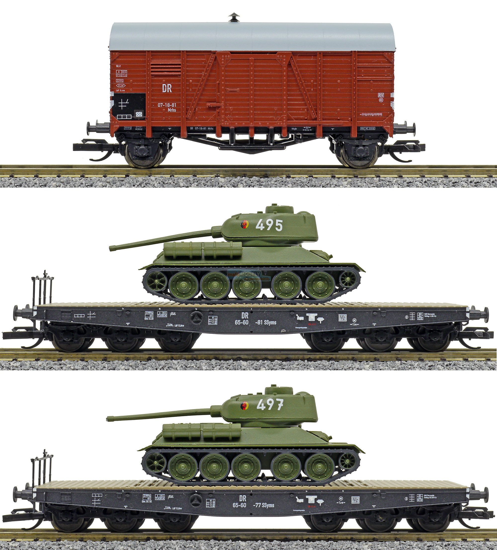 Set nákladních vozů - vojenský transport NVA, 2x tank