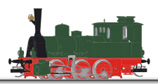 parní lokomotiva zelená s černou dýmnicí, červený pojezd, typ T3