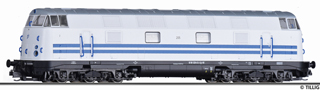 [Lokomotivy] → [Motorové] → [V 180 (BR 118)] → 04650 E: dieselová lokomotiva bílá s modrými proužky, černý rám a pojezd