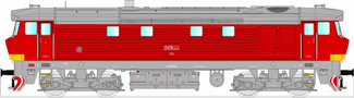 [Lokomotivy] → [Motorové] → [T478.1 „Bardotka”] → 33419: dieselová lokomotiva červená s výstražným pruhem