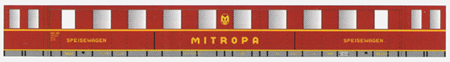 [Osobní vozy] → [Spěšné a osobní] → [4-osé spěšné] → 500634: jídelní vůz červený se stříbřitou střechou „MITROPA“