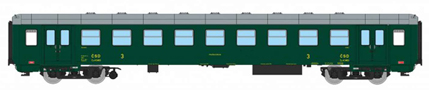 [Osobní vozy] → [Spěšné a osobní] → [4-osé Bai „Osmidvéřák“] → 97000010: osobní vůz zelený s šedou střechou 3. tř., Praha