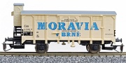 [Nákladní vozy] → [Kryté] → [2-osé s nízkou střechou] → : krytý nákladní vůz krémový s šedou střechou a brzdařskou budkou „Moravia“