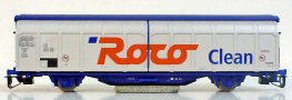 [Nákladní vozy] → [Kryté] → [2-osé s posuvnými bočnicemi] → 37549: krytý nákladní vůz modrý se stříbrnými bočnicemi, čistící vůz „Roco-Clean“