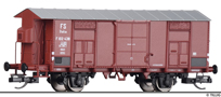 [Nákladní vozy] → [Kryté] → [2-osé F] → 14886: krytý nákladní vůz červenohnědý s šedou střechou a s brzdařskou budkou