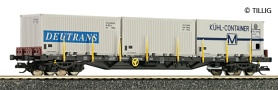 [Nákladní vozy] → [Nízkostěnné] → [4-osé plošinové Rgs] → 15580: nákladní plošinový vůz černý se třemi kontejnery 20′