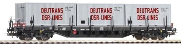 [Nákladní vozy] → [Nízkostěnné] → [4-osé plošinové Rgs] → 500710: nákladní plošinový vůz černý se třemi kontejnery 20′ „Deutrans DSR-Lines”