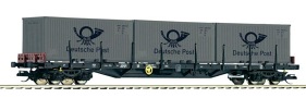 [Nákladní vozy] → [Nízkostěnné] → [4-osé plošinové Rgs] → 500908: nákladní plošinový vůz černý se třemi kontejnery 20′ „Deutsche Post”
