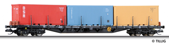 [Nákladní vozy] → [Nízkostěnné] → [4-osé plošinové Rgs] → 15584: nákladní plošinový vůz černý se třemi kontejnery 20′