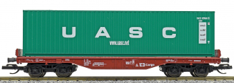 plošinový nákladní vůz červenohnědý s nákladem 40' kontejneru „UACS“, typ Sgmmns
