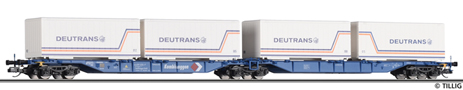 [Nákladní vozy] → [Nízkostěnné] → [6-osé Kombiwaggon] → 18034: modrý „Kombiwaggon“ se čtyřmi kontejnery 20′ „Deutrans“