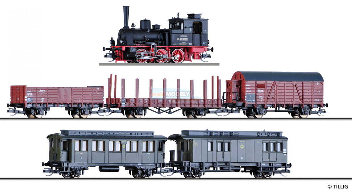 Set parní lokomotivy BR89, 3x nákladní a 2x osobní  vůz