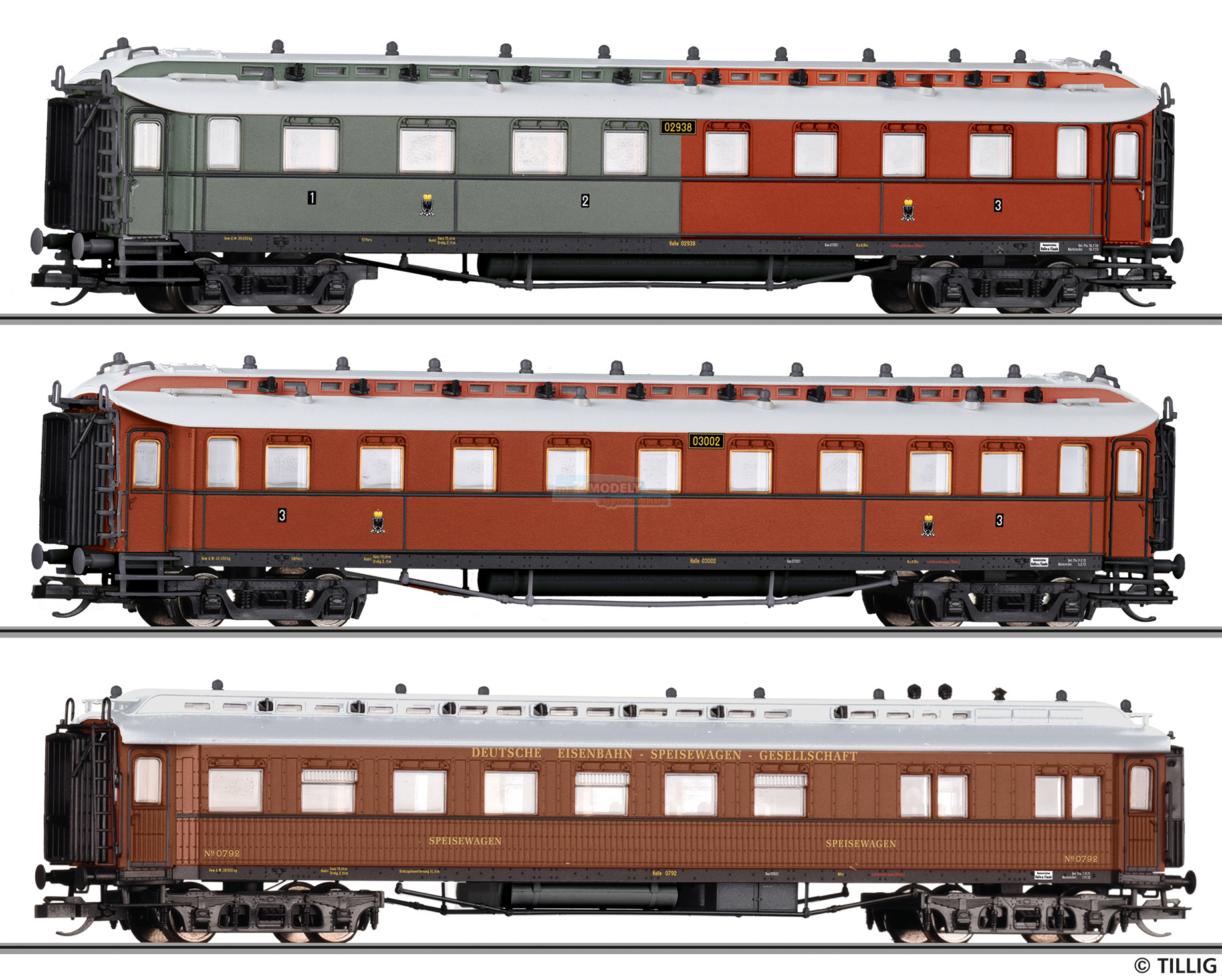 Reisezugwagenset Preußischer Schnellzug der K.P.E.V., bestehend aus einem 1./2./3. Klasse Personenwagen, einem          3. K-